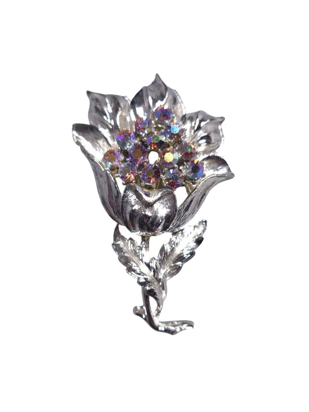 Vintage Silver Tone Flower Brooch Aurora Borealis Rhinestones Costume Jewelry